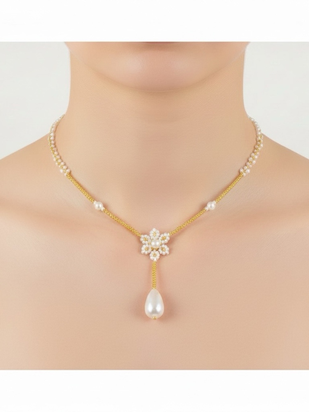 Delicate Gold and Cream Pearl Floral Drop Necklace - Women Jewelry
